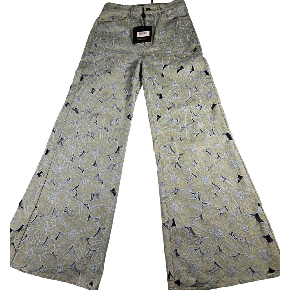 Cynthia Rowley Floral Eyelet Cutout Wide Leg Denim Pants Light Wash 28 - Picture 2 of 15
